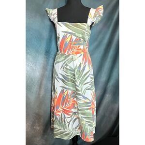 Studio One New York Tropical Palm Print Midi Dress Ruffle Sleeves Pockets Size S